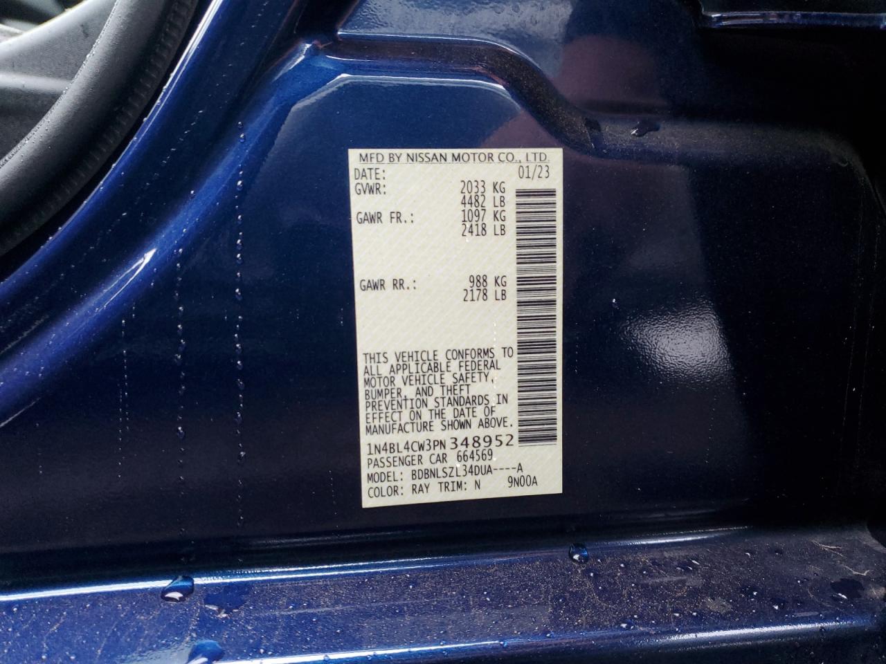 2023 NISSAN ALTIMA SR VIN:1N4BL4CW3PN348952