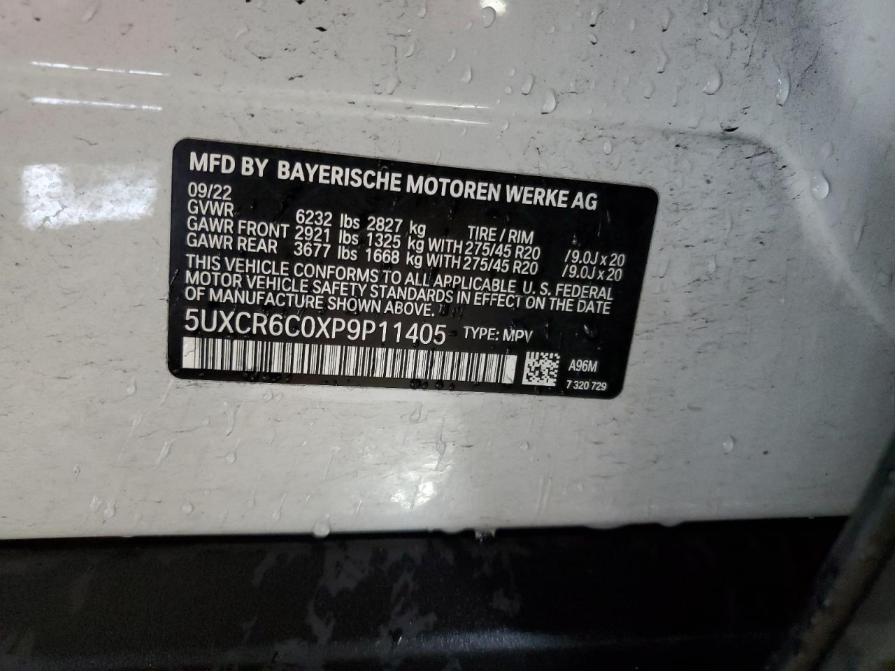 2023 BMW X5 XDRIVE40I VIN:5UXCR6C0XP9P11405