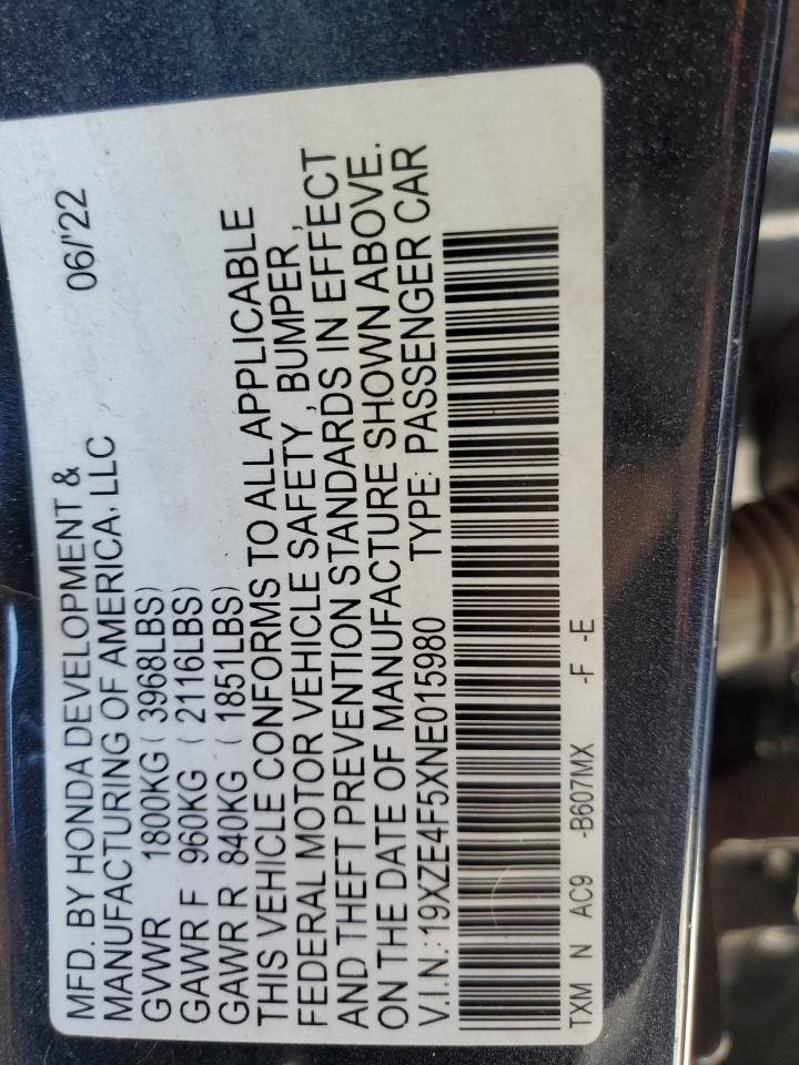 2022 HONDA INSIGHT EX VIN:19XZE4F5XNE015980