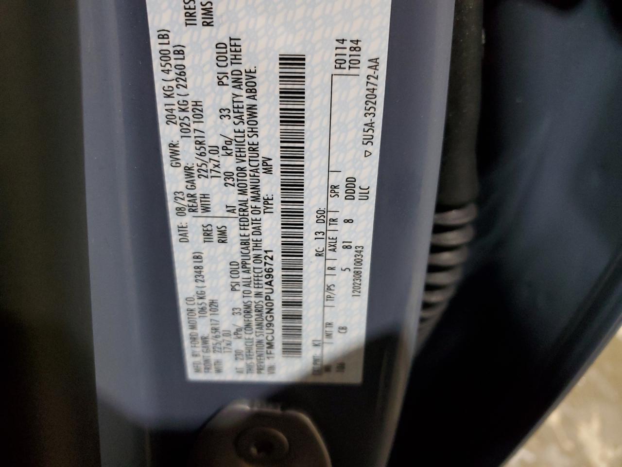 2023 FORD ESCAPE ACTIVE VIN:1FMCU9GN0PUA96721