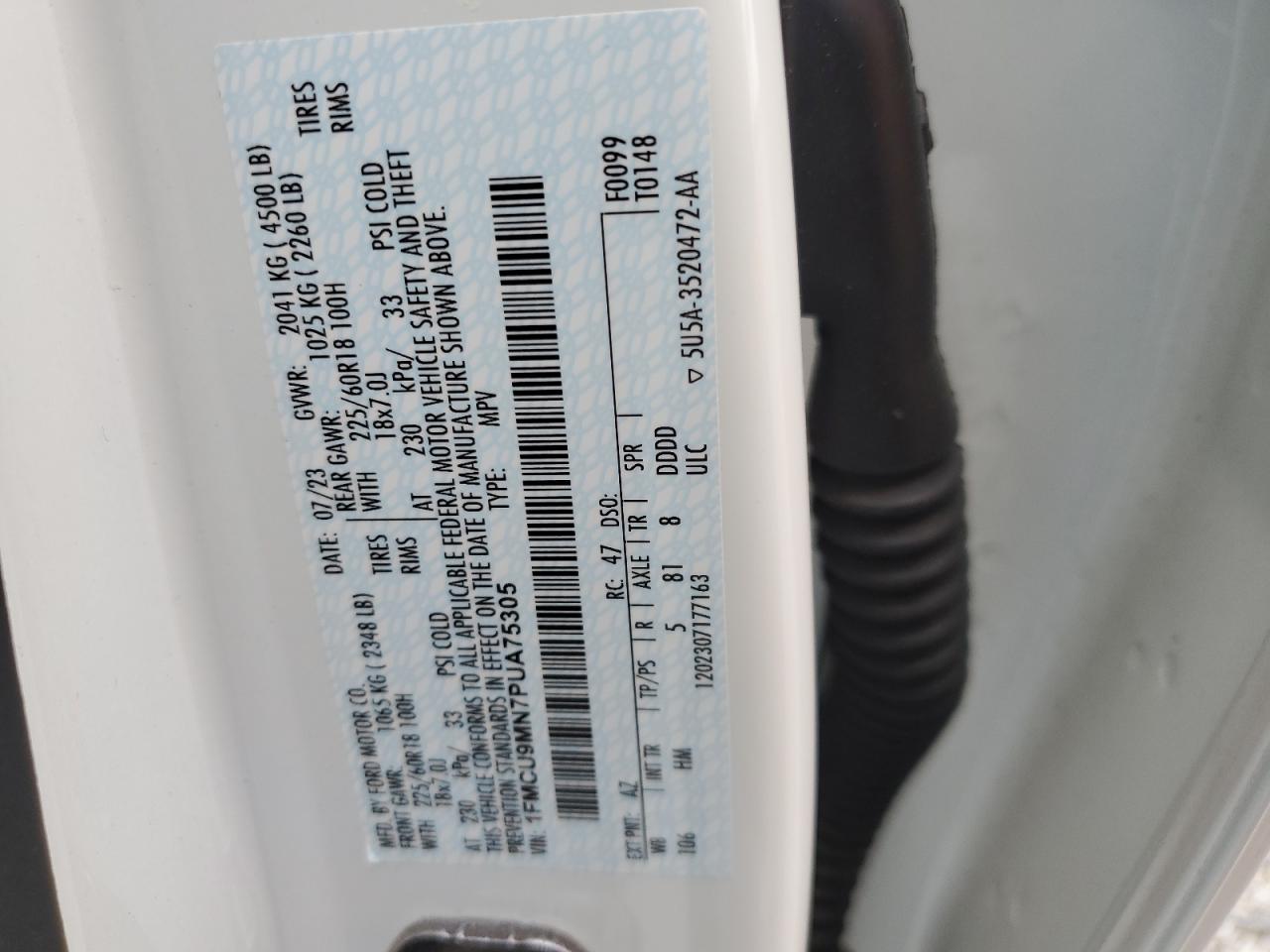 2023 FORD ESCAPE ST LINE VIN:1FMCU9MN7PUA75305