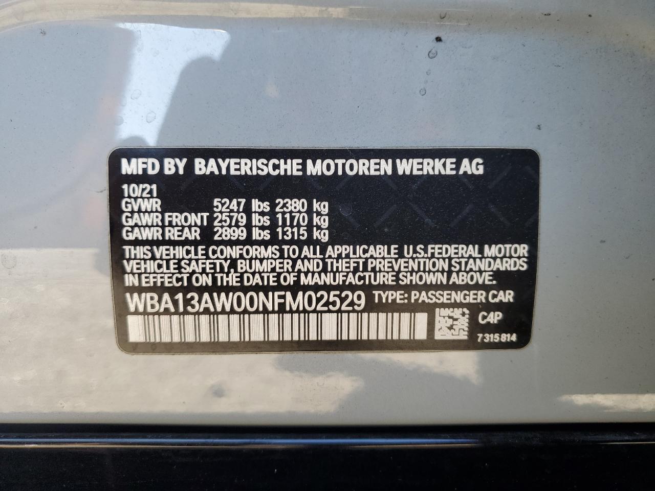 2022 BMW M440XI GRAN COUPE VIN:WBA13AW00NFM02529