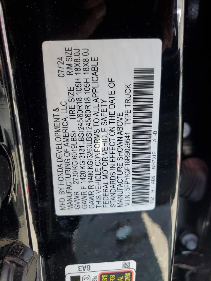 2024 HONDA RIDGELINE SPORT VIN:5FPYK3F16RB029541