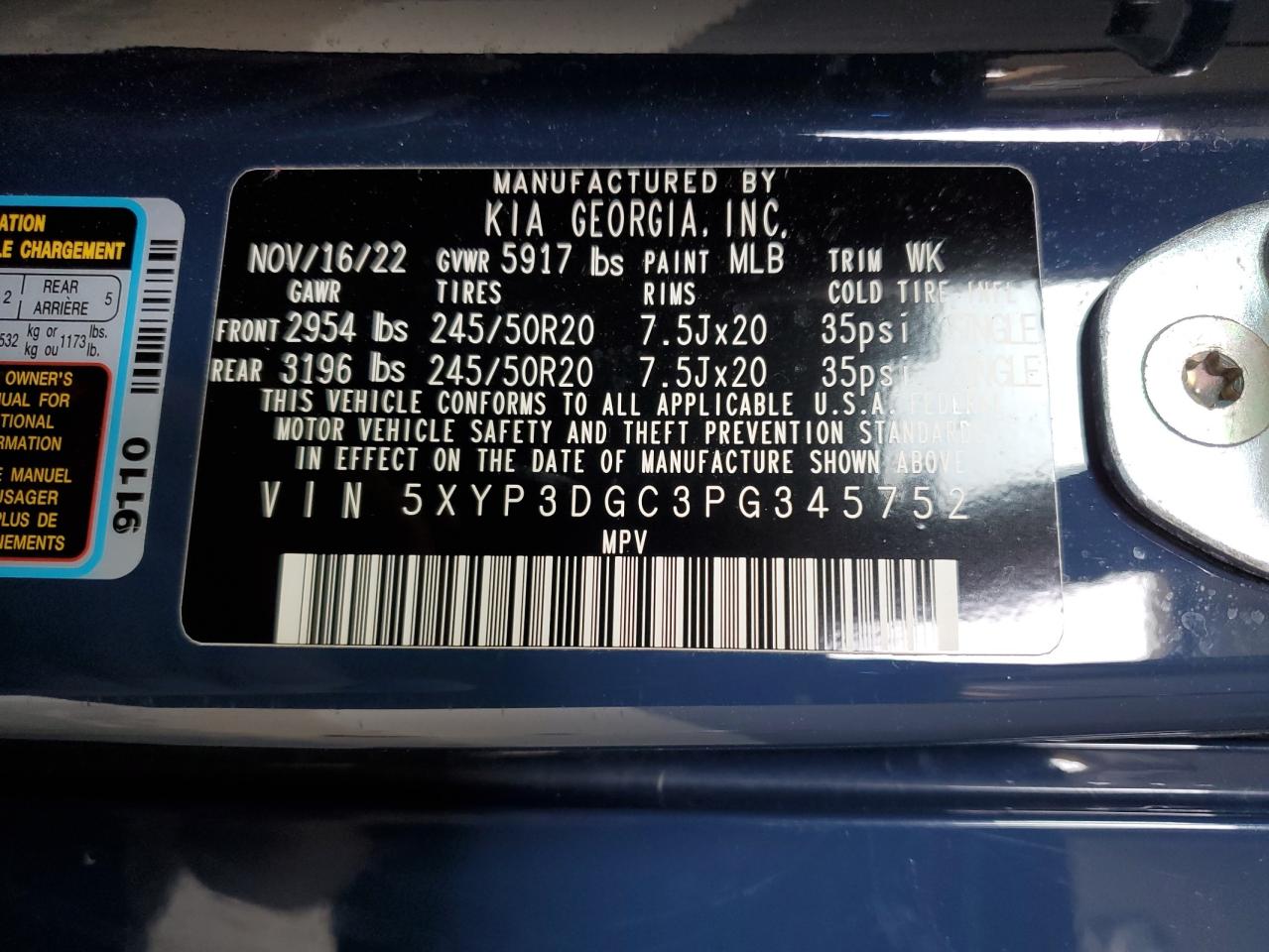 2023 KIA TELLURIDE EX VIN:5XYP3DGC3PG345752