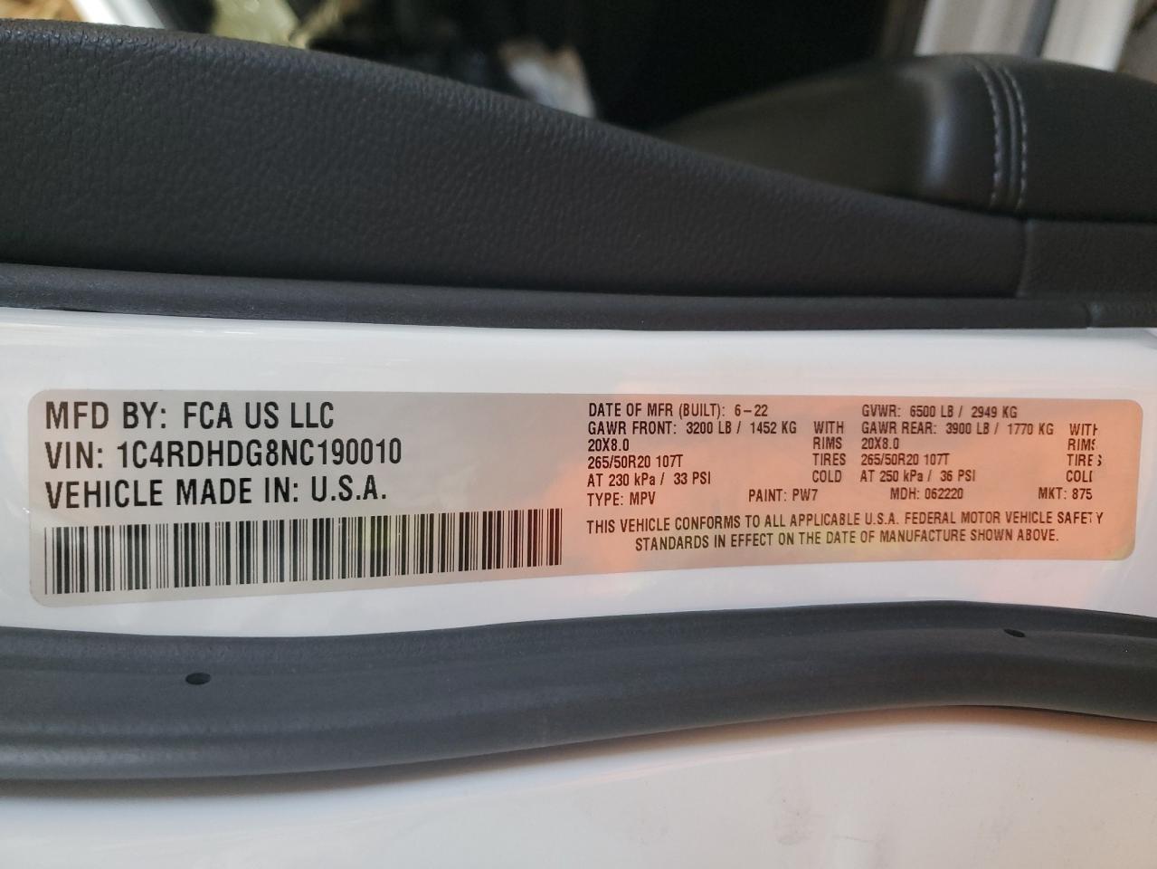 2022 DODGE DURANGO GT VIN:1C4RDHDG8NC190010