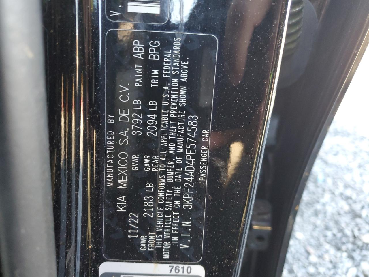 2023 KIA FORTE LX VIN:3KPF24AD4PE574583