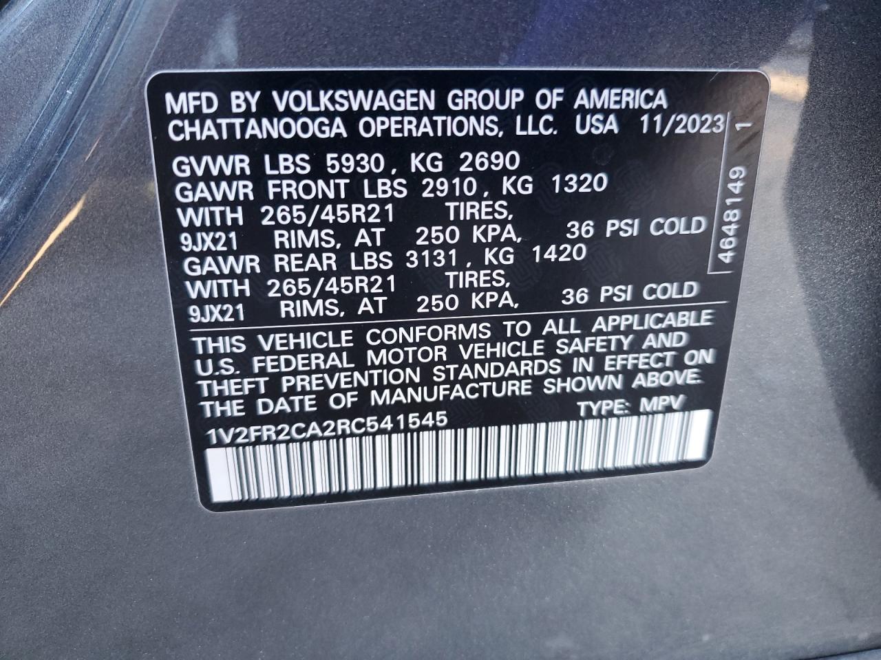 2024 VOLKSWAGEN ATLAS SEL PREMIUM R-LINE VIN:1V2FR2CA2RC541545