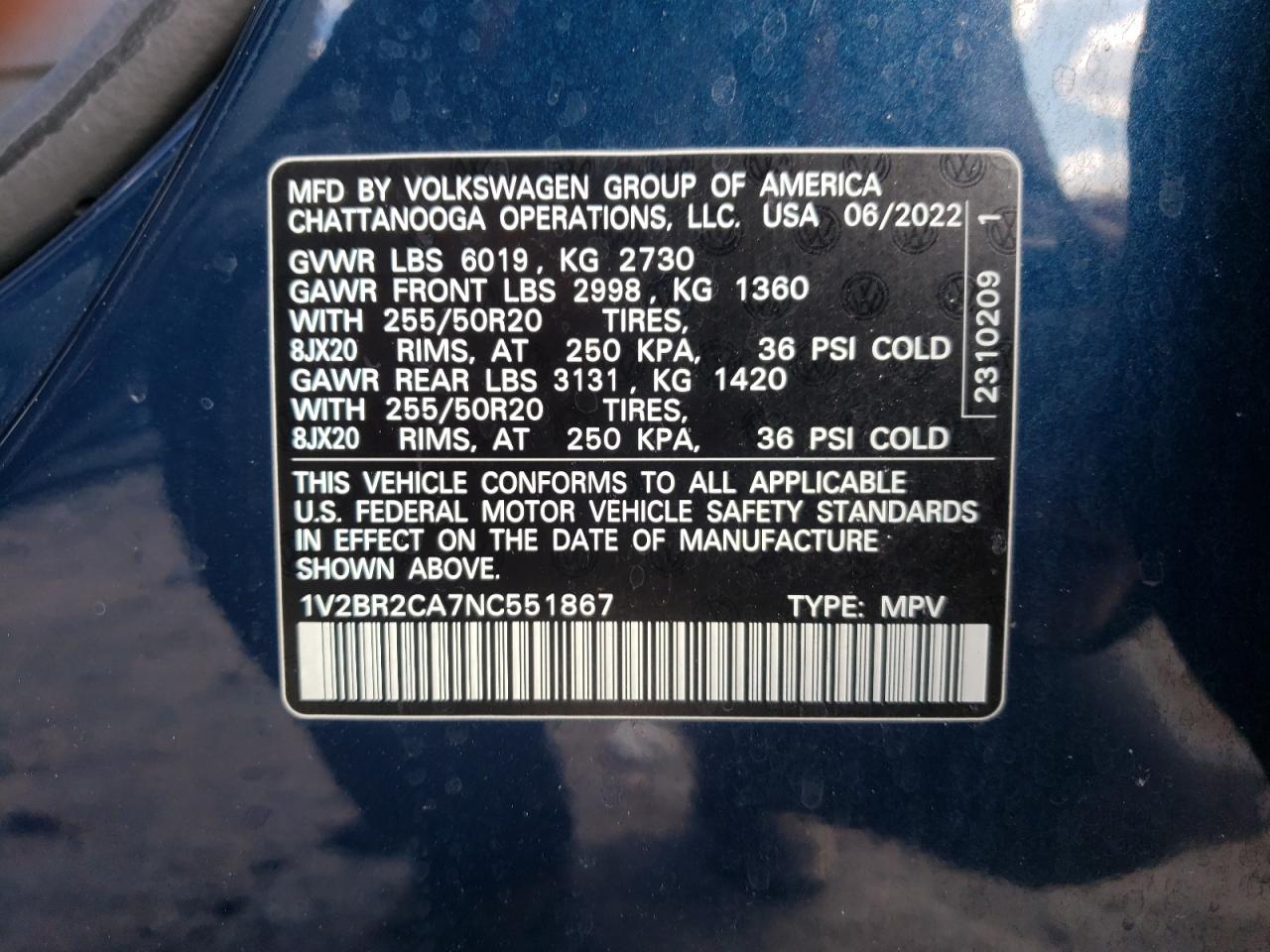 2022 VOLKSWAGEN ATLAS SEL VIN:1V2BR2CA7NC551867