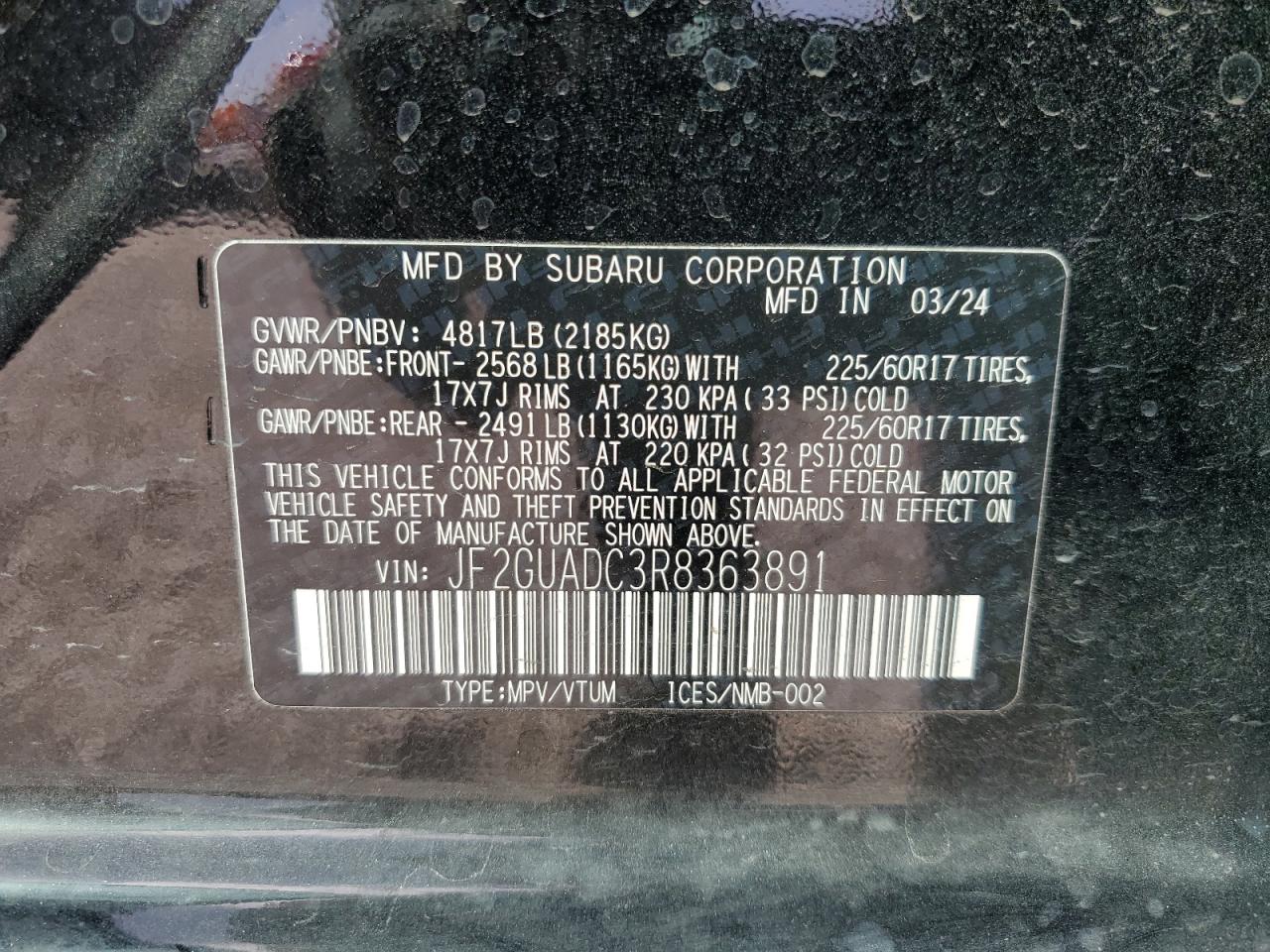 2024 SUBARU CROSSTREK PREMIUM VIN:JF2GUADC3R8363891