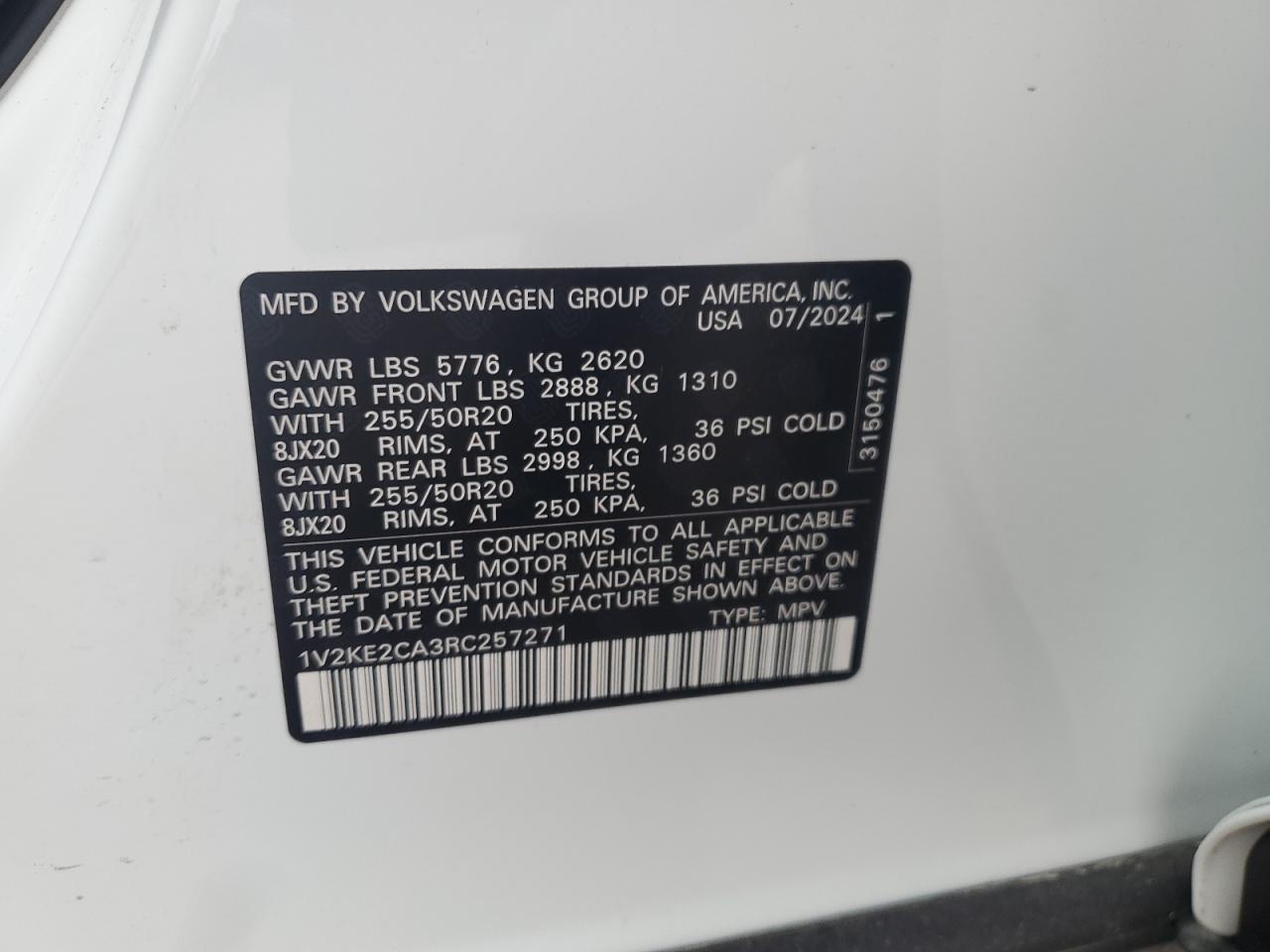 2024 VOLKSWAGEN ATLAS CROSS SPORT SE VIN:1V2KE2CA3RC257271