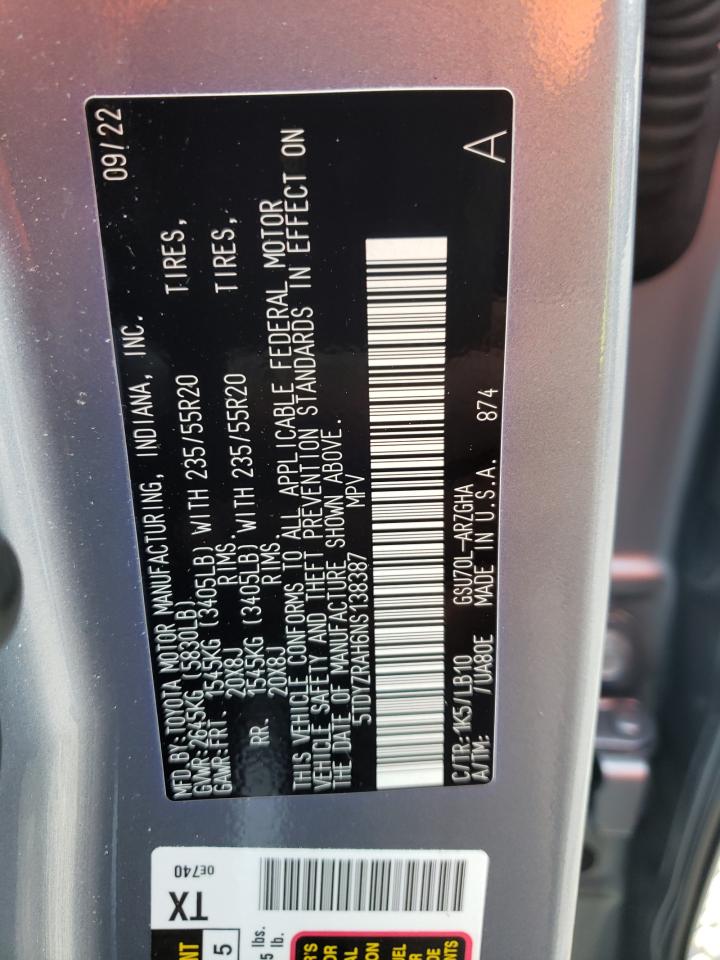 2022 TOYOTA HIGHLANDER LIMITED VIN:5TDYZRAH6NS138387