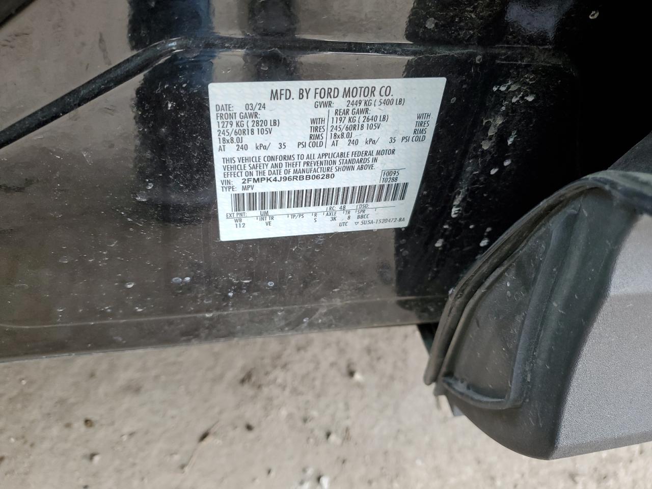 2024 FORD EDGE SEL VIN:2FMPK4J96RBB06280