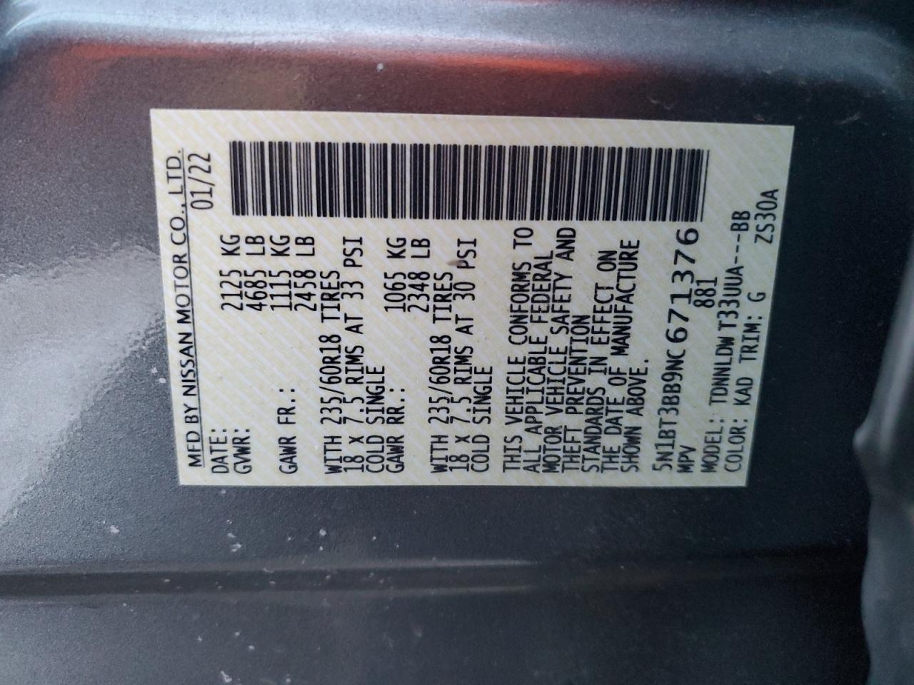2022 NISSAN ROGUE SV VIN:1FMCU9G92FUA84121