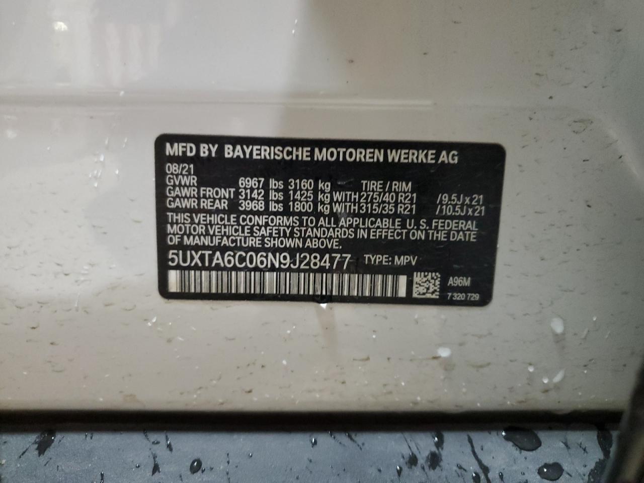 2022 BMW X5 XDRIVE45E VIN:5UXTA6C06N9J28477