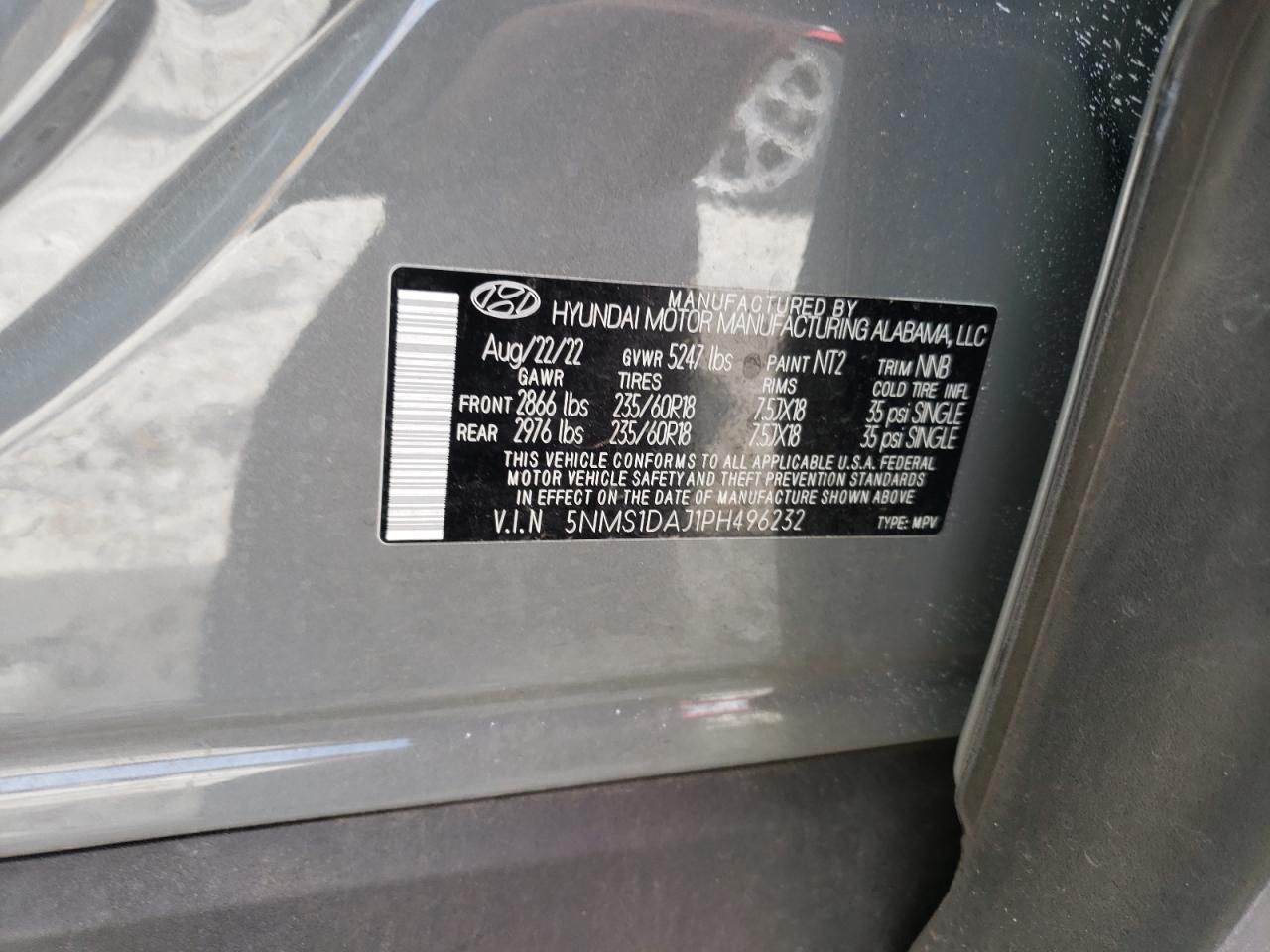 2023 HYUNDAI SANTA FE SE VIN:5NMS1DAJ1PH496232