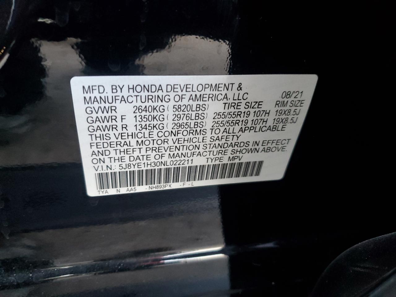 2022 ACURA MDX  VIN:5J8YE1H30NL022211