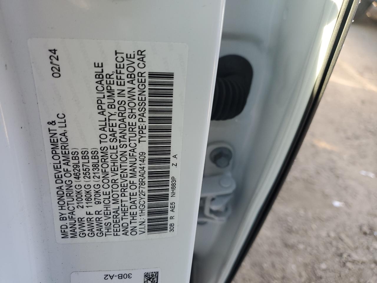 2024 HONDA ACCORD HYBRID SPORT-L VIN:1HGCY2F78RA041409