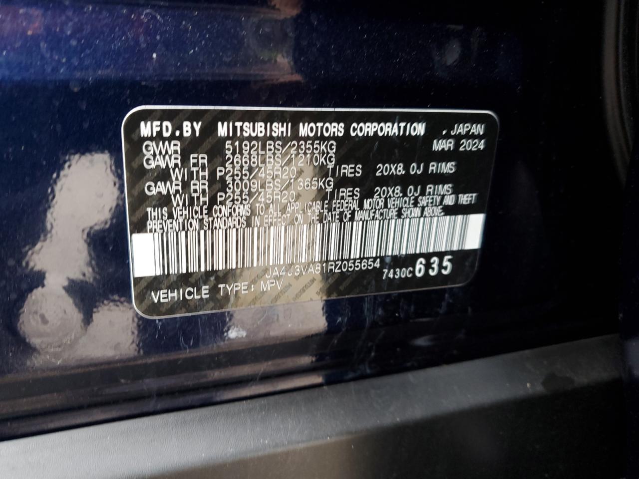 2024 MITSUBISHI OUTLANDER SE VIN:JA4J3VA81RZ055654
