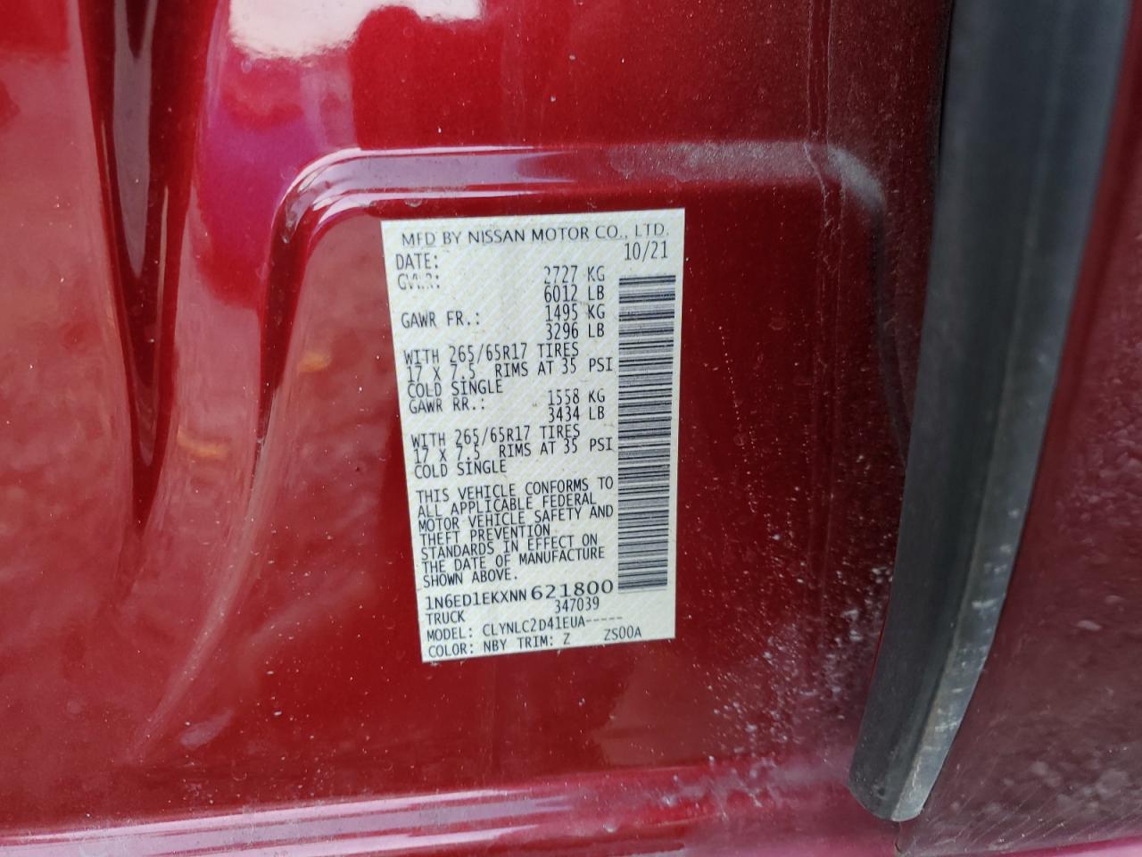 2022 NISSAN FRONTIER S VIN:1N6ED1EKXNN621800
