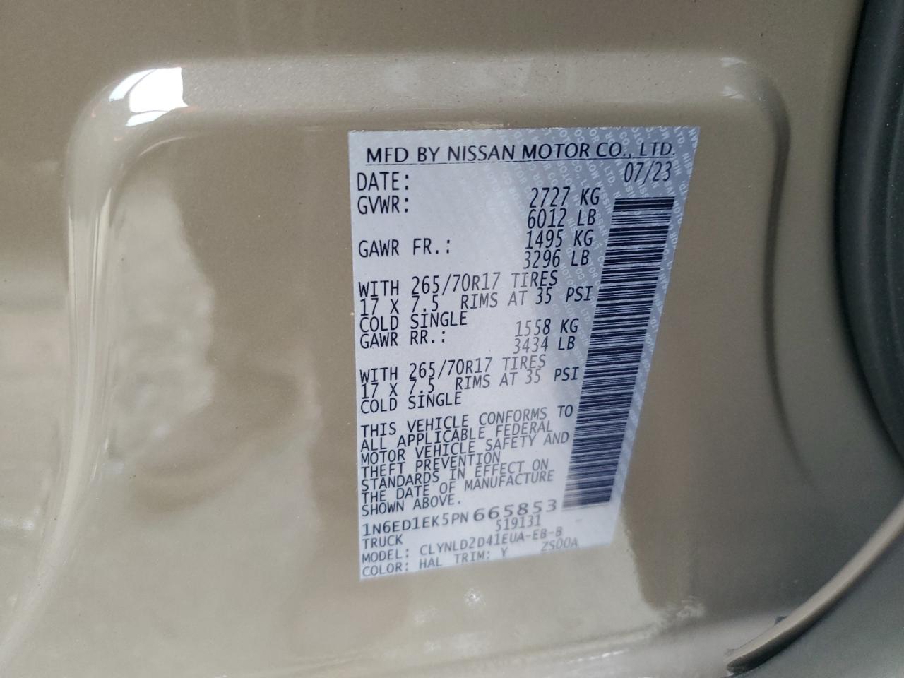 2023 NISSAN FRONTIER S VIN:1N6ED1EK5PN665853