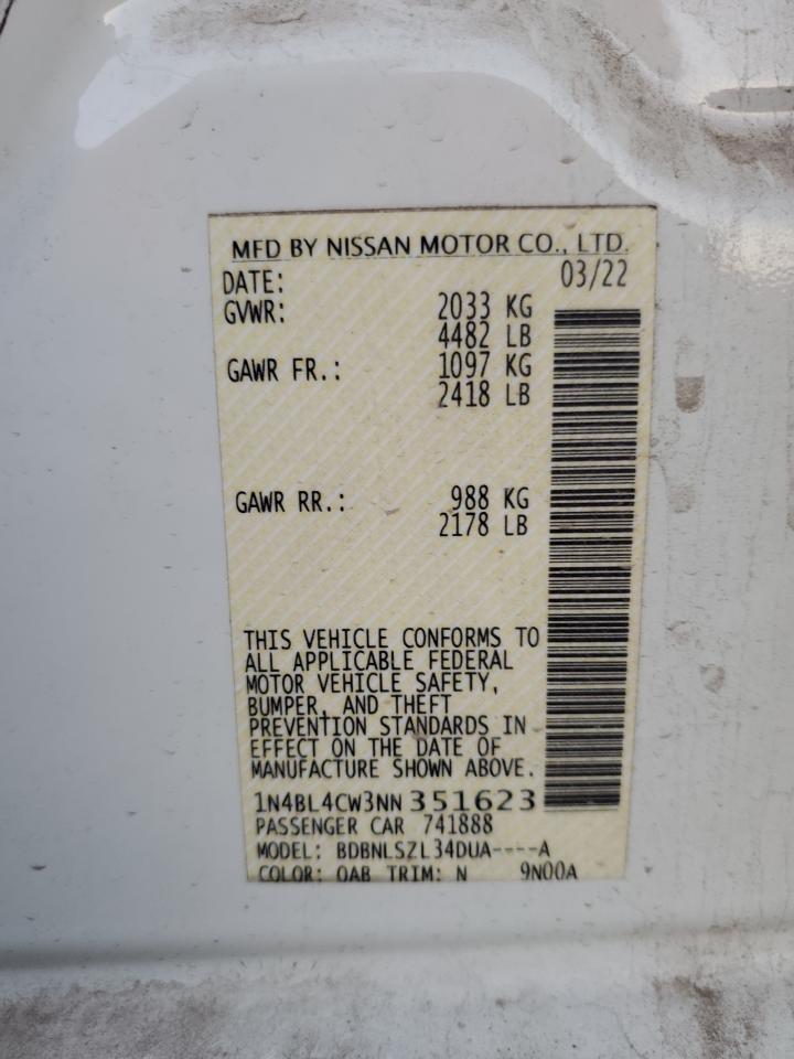 2022 NISSAN ALTIMA SR VIN:1N4BL4CW3NN351623
