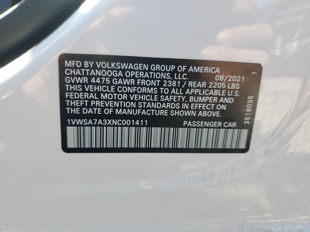2022 VOLKSWAGEN PASSAT SE VIN:1VWSA7A3XNC001411