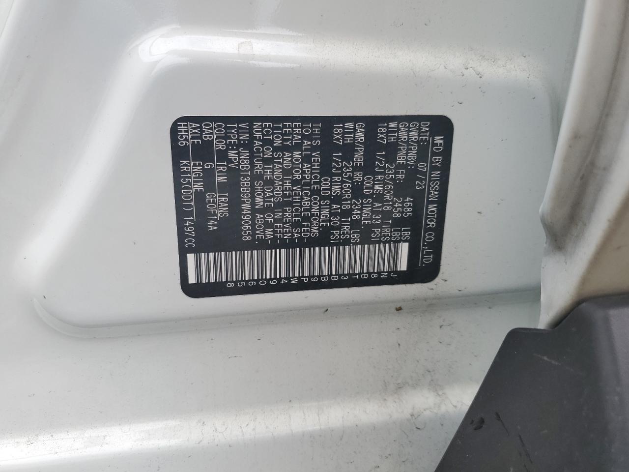 2023 NISSAN ROGUE SV VIN:JN8BT3BB9PW490658