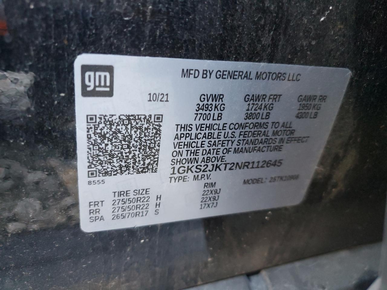 2022 GMC YUKON XL DENALI VIN:1GKS2JKT2NR112645