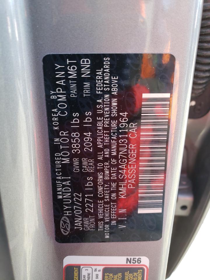 2022 HYUNDAI ELANTRA SEL VIN:KMHLS4AG7NU311964