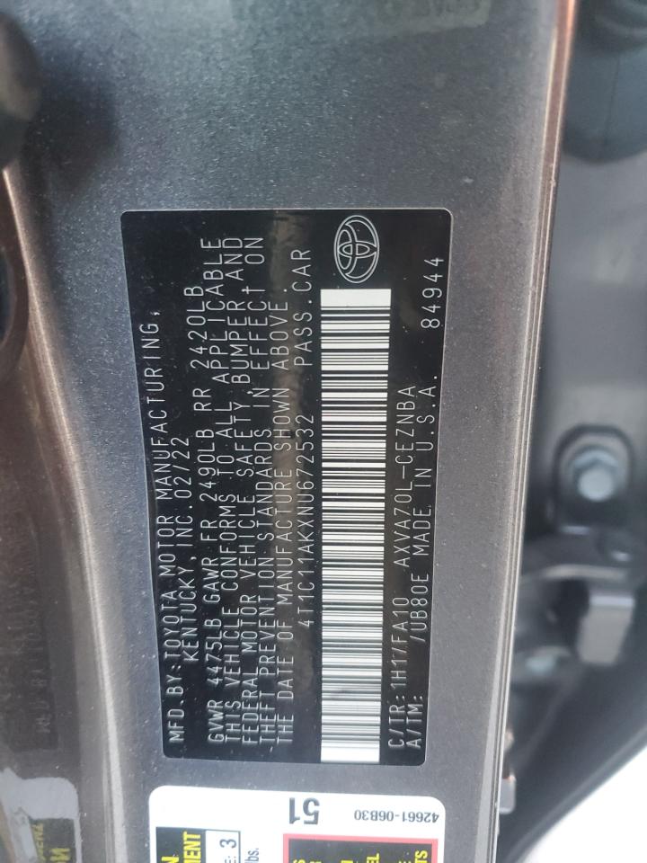 2022 TOYOTA CAMRY LE VIN:4T1C11AKXNU672532