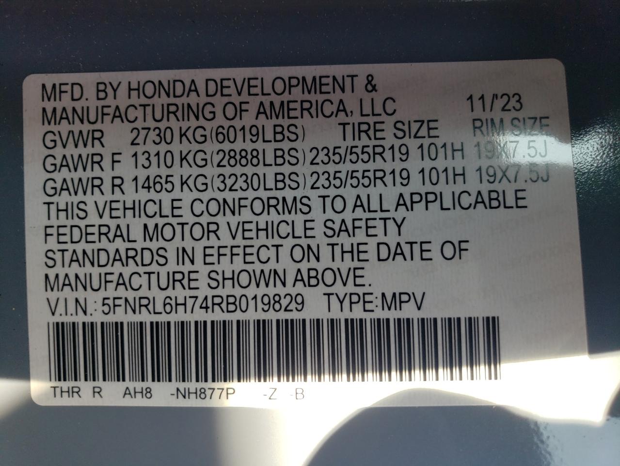 2024 HONDA ODYSSEY SPORT VIN:5FNRL6H74RB019829