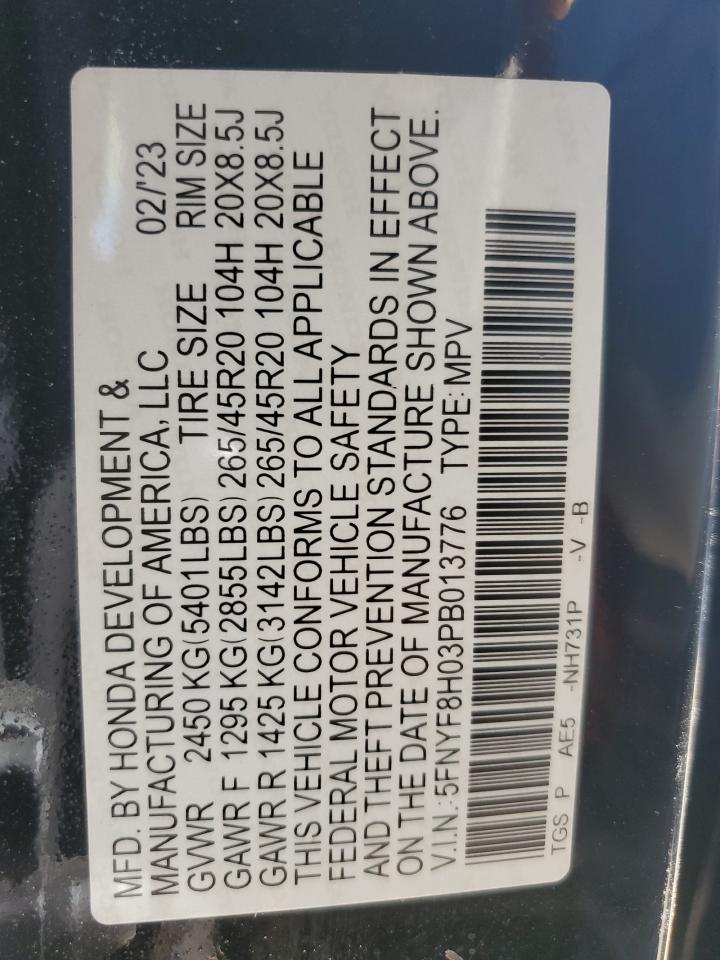 2023 HONDA PASSPORT ELITE VIN:5FNYF8H03PB013776