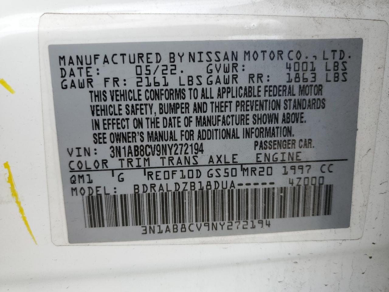 2022 NISSAN SENTRA SV VIN:3N1AB8CV9NY272194