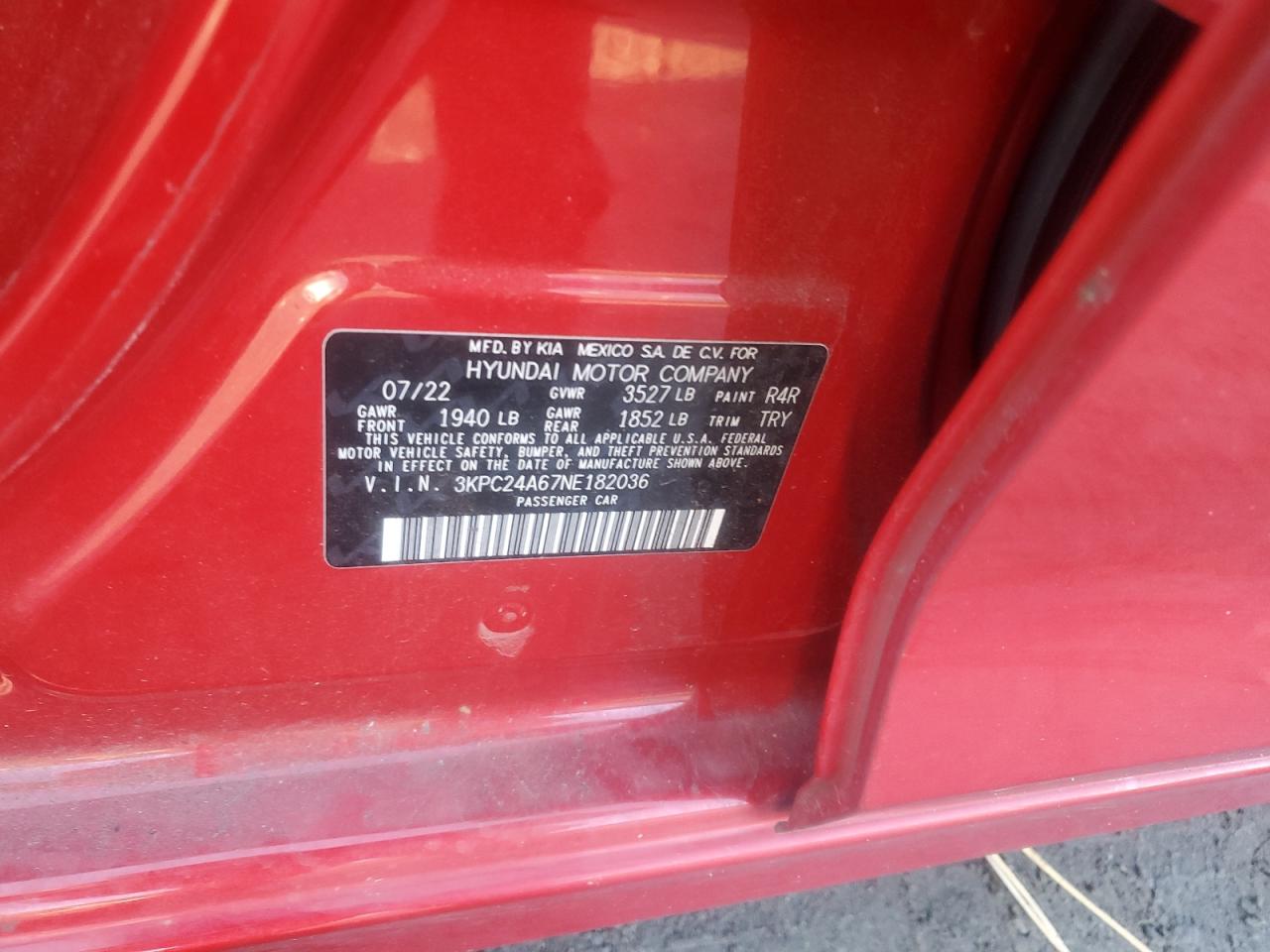 2022 HYUNDAI ACCENT SE VIN:3KPC24A67NE182036