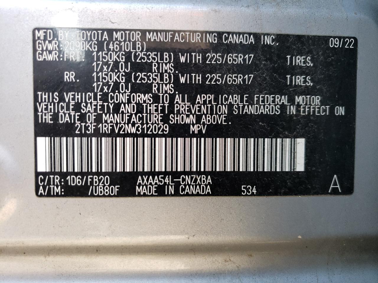 2022 TOYOTA RAV4 LE VIN:2T3F1RFV2NW312029