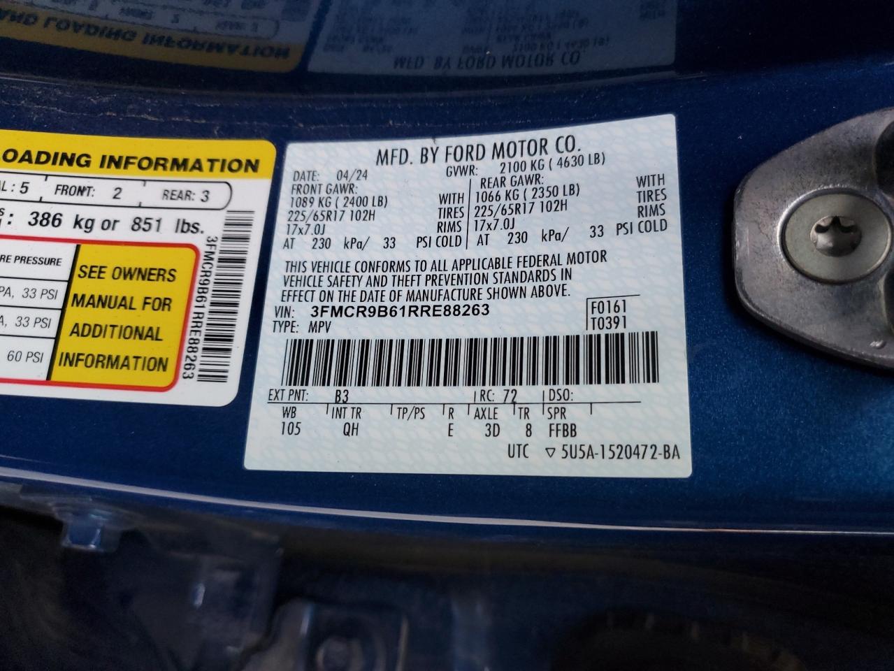 2024 FORD BRONCO SPORT BIG BEND VIN:3FMCR9B61RRE88263