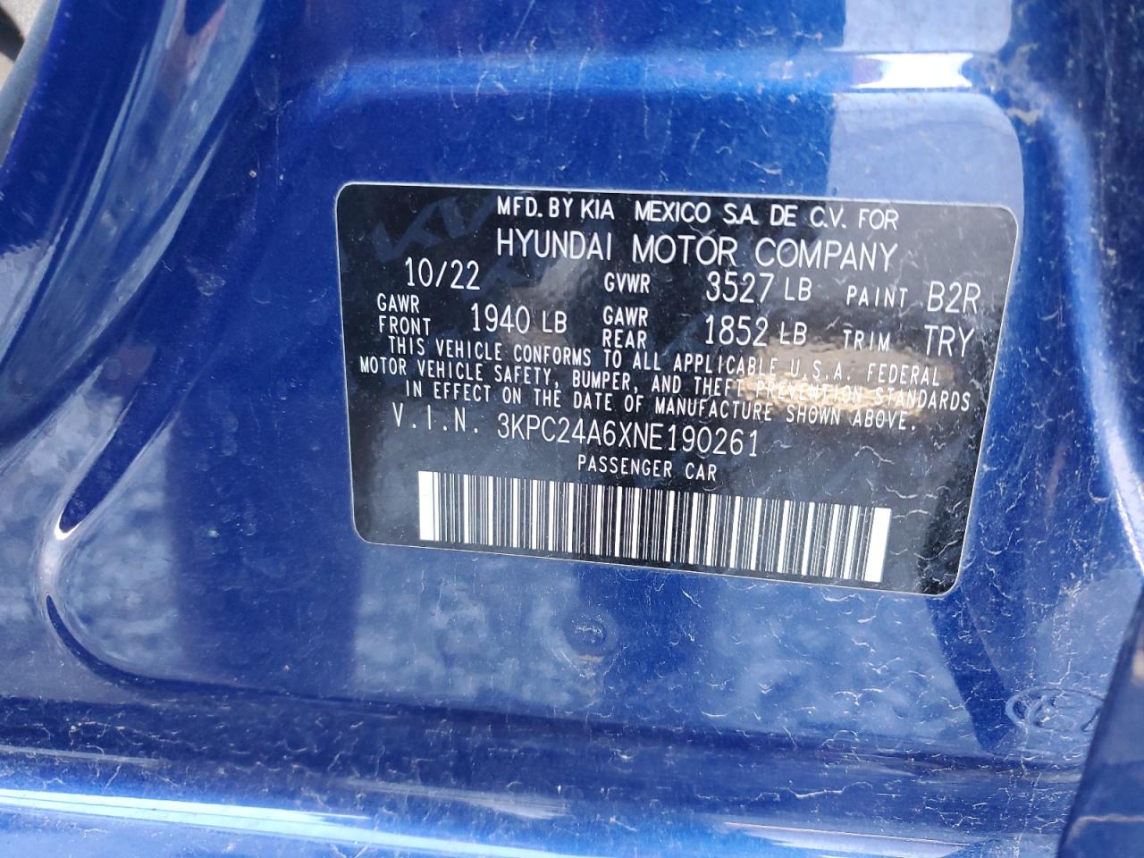 2022 HYUNDAI ACCENT SE VIN:3KPC24A6XNE190261