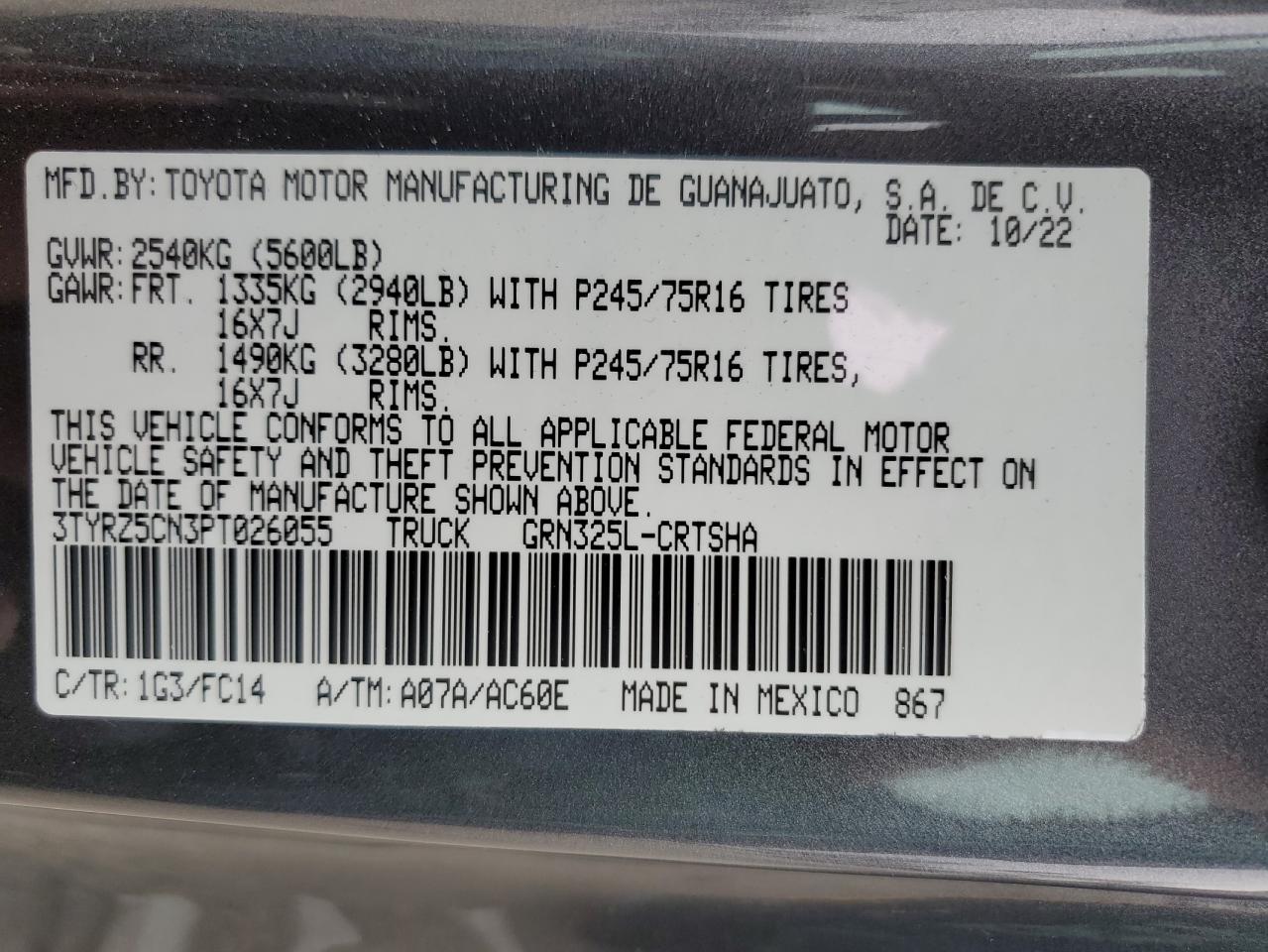 2023 TOYOTA TACOMA ACCESS CAB VIN:3TYRZ5CN3PT026055