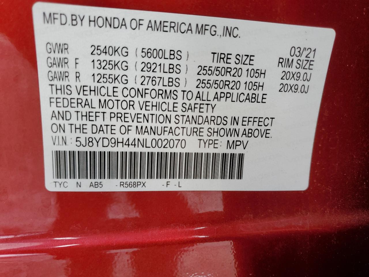 2022 ACURA MDX TECHNOLOGY VIN:5J8YD9H44NL002070