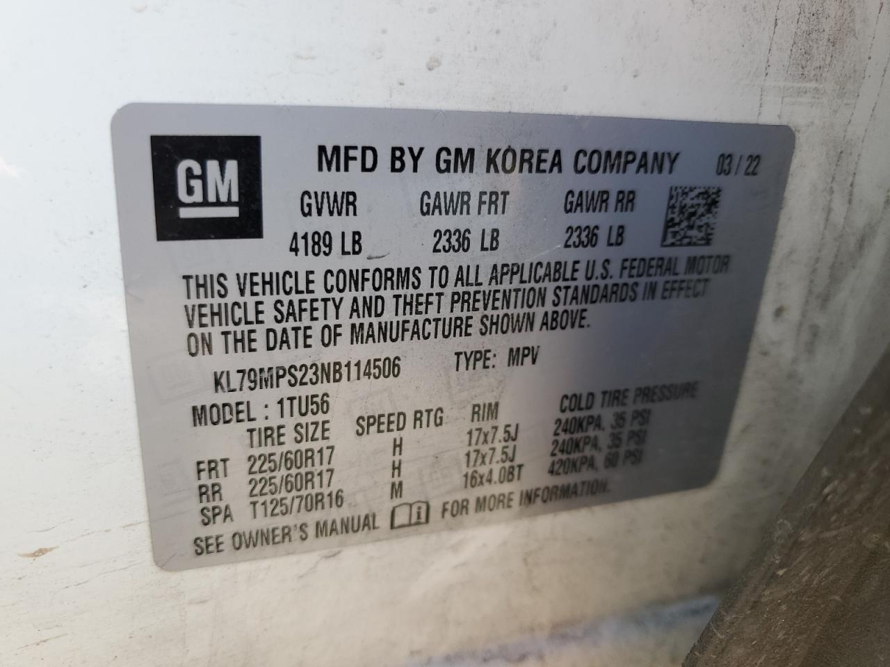 2022 CHEVROLET TRAILBLAZER LT VIN:KL79MPS23NB114506