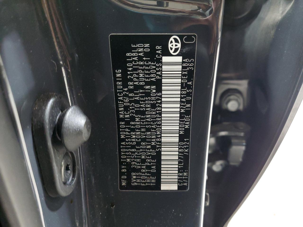 2024 TOYOTA COROLLA LE VIN:5YFB4MDE6RP182476