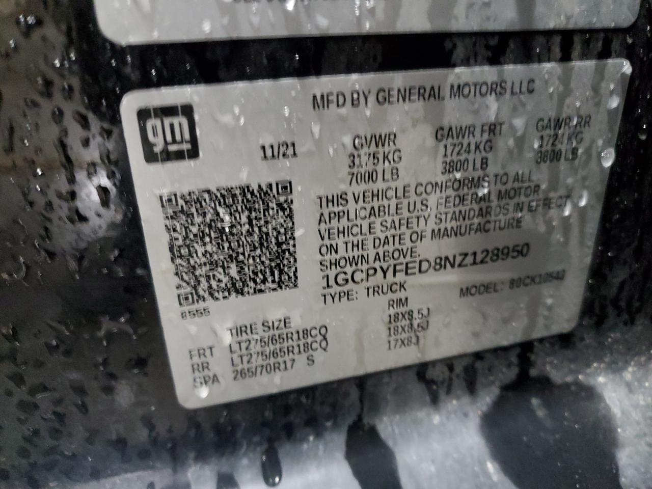 2022 CHEVROLET SILVERADO LTD K1500 LT TRAIL BOSS VIN:1GCPYFED8NZ128950