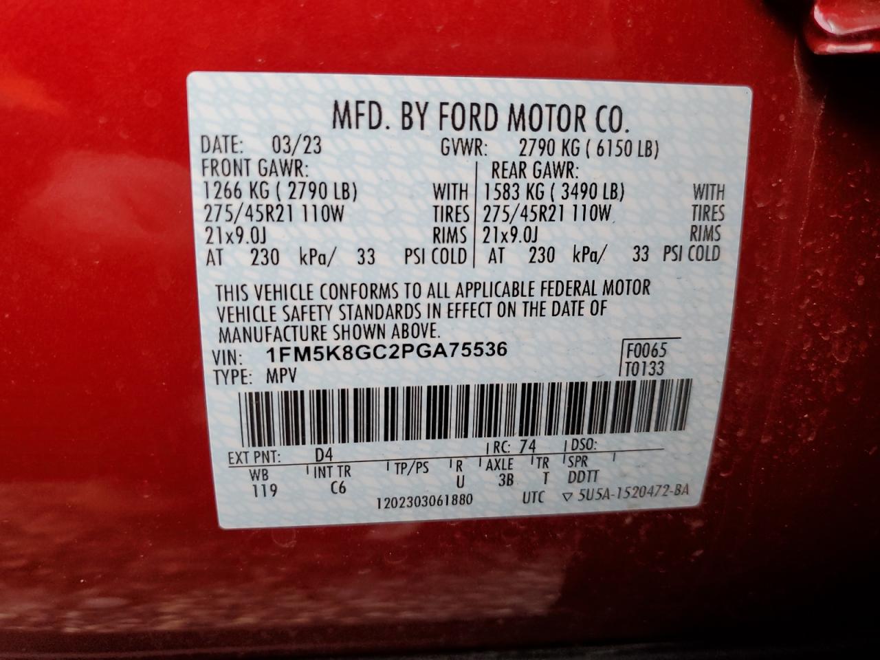 2023 FORD EXPLORER ST VIN:1FM5K8GC2PGA75536