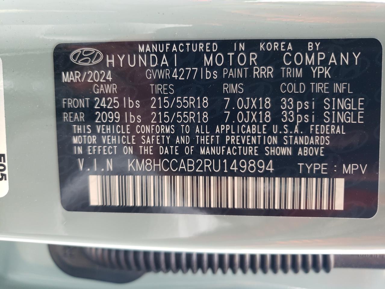 2024 HYUNDAI KONA SEL VIN:KM8HCCAB2RU149894