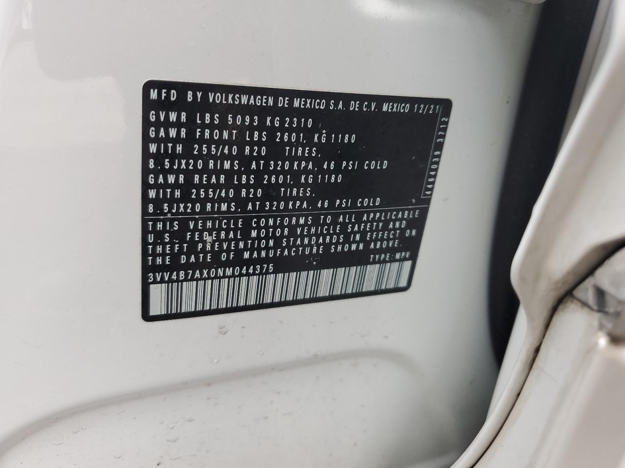 2022 VOLKSWAGEN TIGUAN SEL R-LINE VIN:3VV4B7AX0NM044375