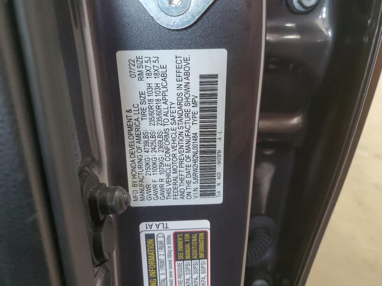 2022 HONDA CR-V EXL VIN:5J6RW2H82NL001484