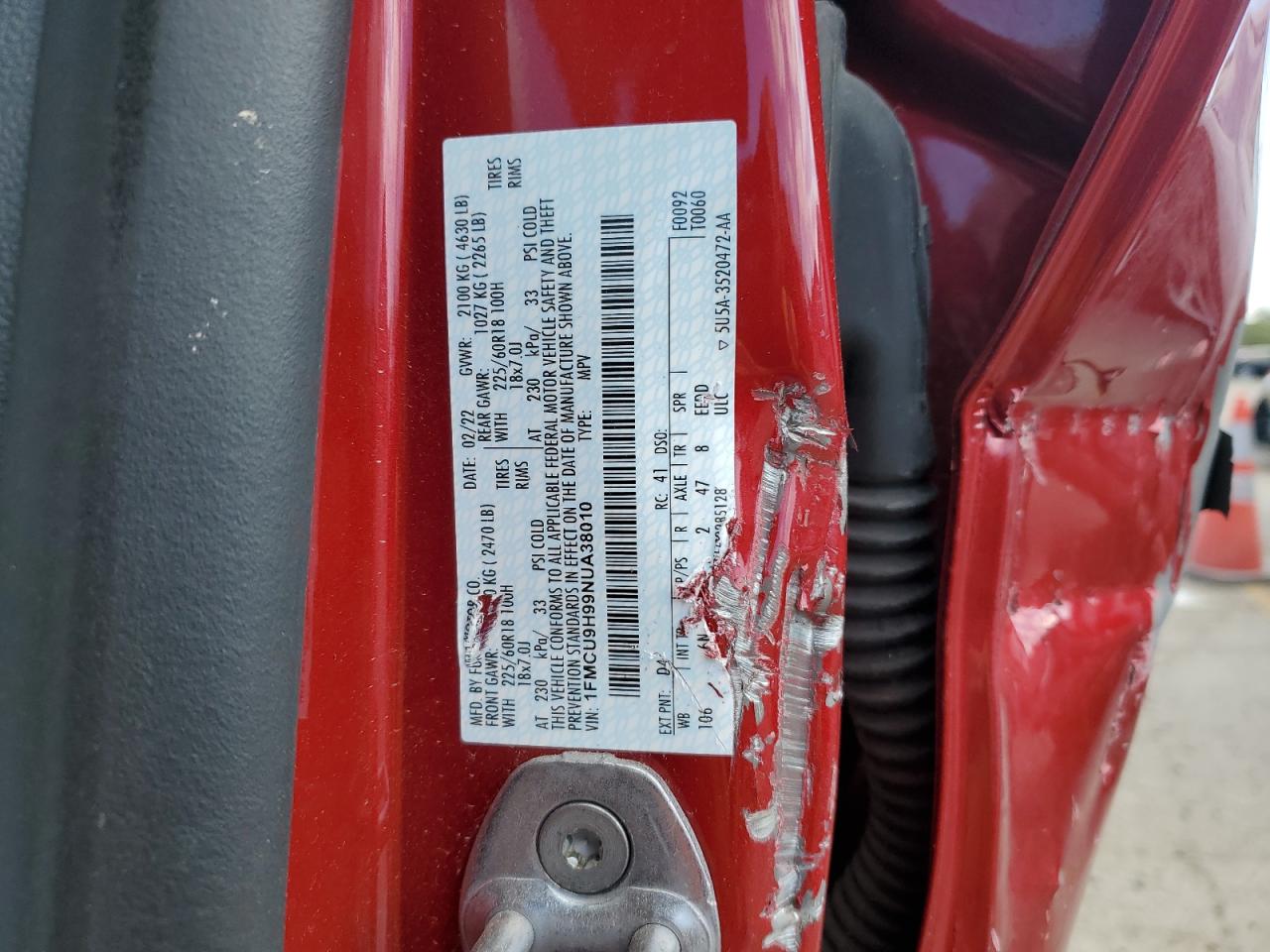 2022 FORD ESCAPE SEL VIN:1FMCU9H99NUA38010