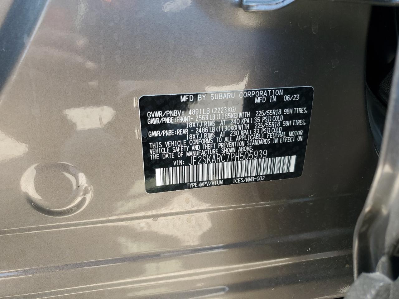 2023 SUBARU FORESTER TOURING VIN:JF2SKARC7PH505939