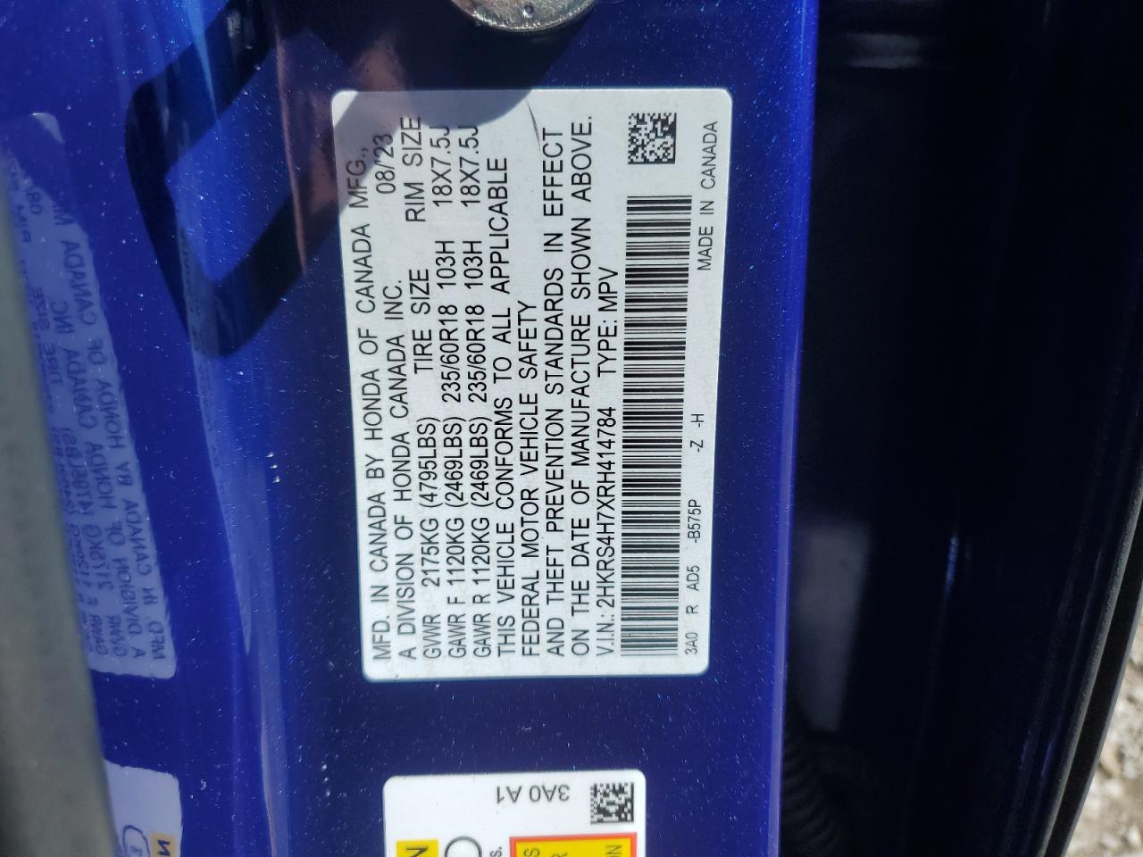 2024 HONDA CR-V EXL VIN:2HKRS4H7XRH414784