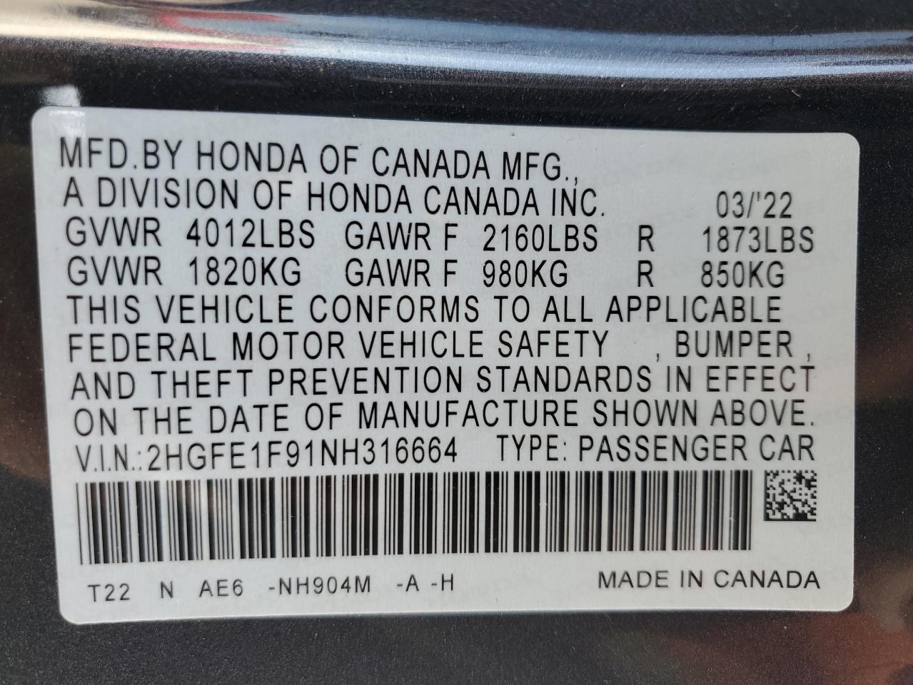 2022 HONDA CIVIC TOURING VIN:2HGFE1F91NH316664